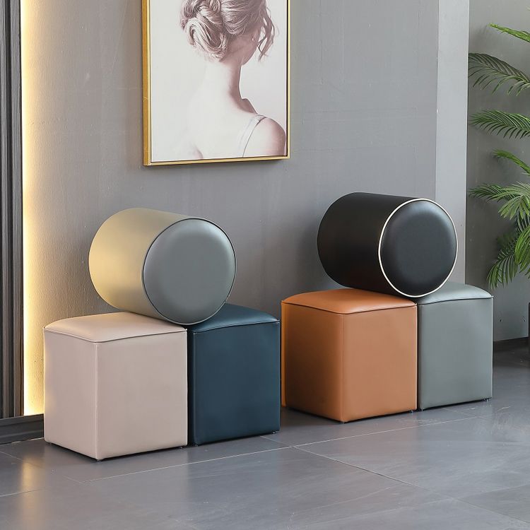 Minimalist Square Footstool Ottoman Pure Color Genuine Leather Ottoman