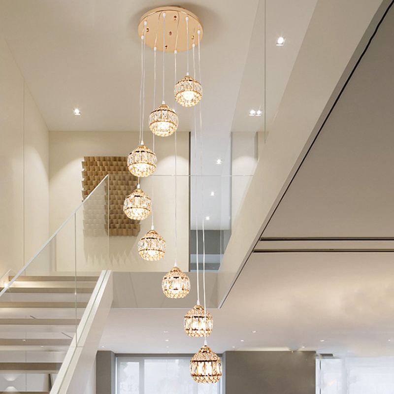 Crystal Encrusted Sphere Multi-Light Pendant Modern Style Ceiling Hanging Lantern in Gold for Staircase