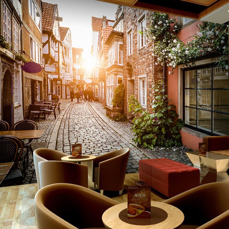 Photo Street Mural Wallpaper for Cafe Classic Building Wall Decor in Brown, Stain-Resistant