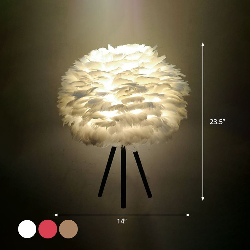 Global Feather Night Light Nordic 1-Light White/Red/Pink Table Lamp with 3-Leg Stand in Black/White