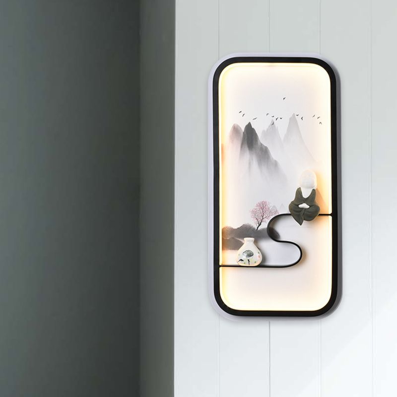 Ink Painting Mountain Mural Lamp Chinese Ceramic Black LED Wall Lighting Fixture