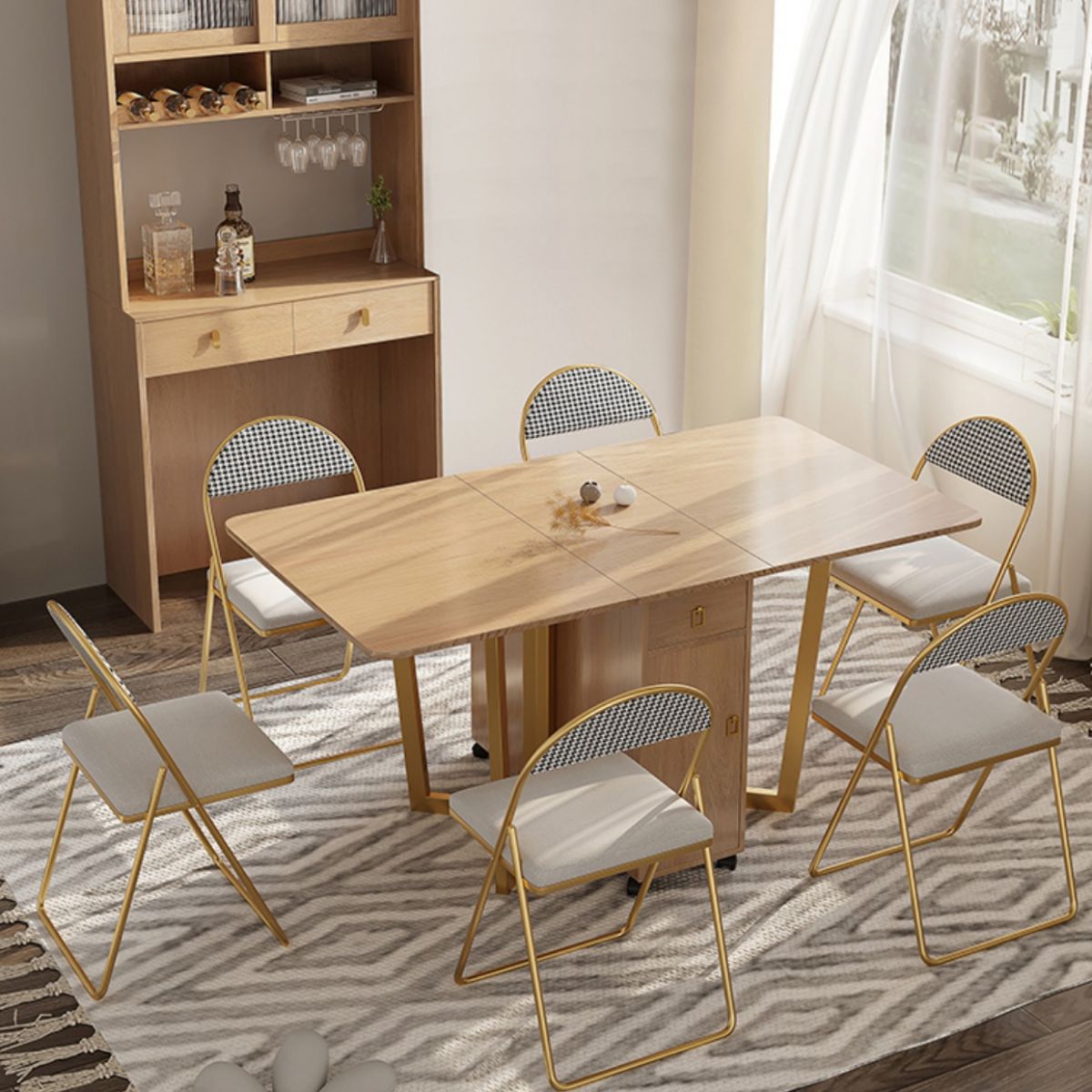 Natural Rectangle Wood Dining Table Folding Table with Storage Base