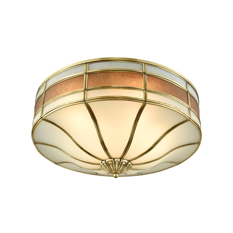 Colonialist Drum Ceiling Mounted Light 3 Bulbs Opaline Glass Flush Mount Light Fixture in Brass for Bedroom
