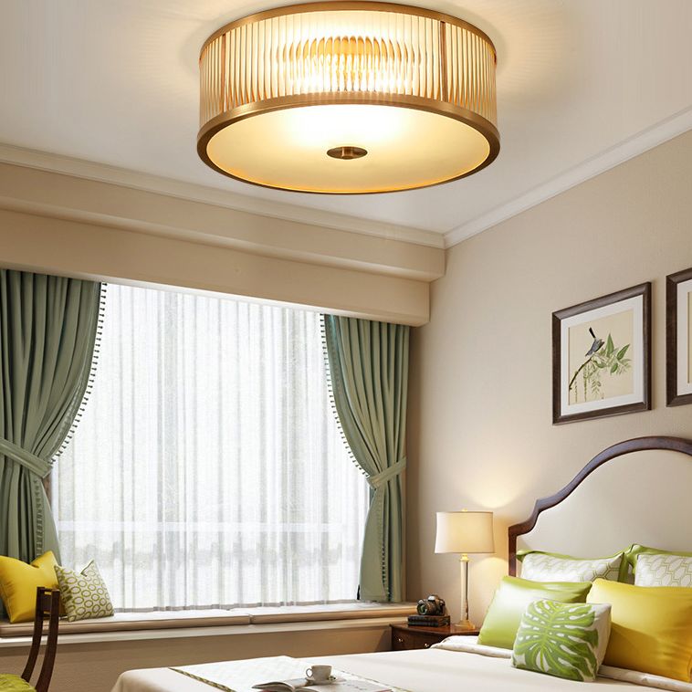 Lampada da soffitto circolare da incasso in vetro rigato Illuminazione coloniale da incasso in oro per camera da letto