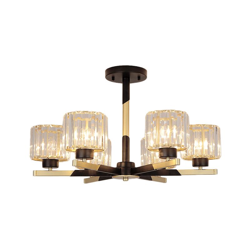 Cylindrical Crystal Semi Flush Chandelier Modern 6/8-Head Living Room Flush Ceiling Light in Black