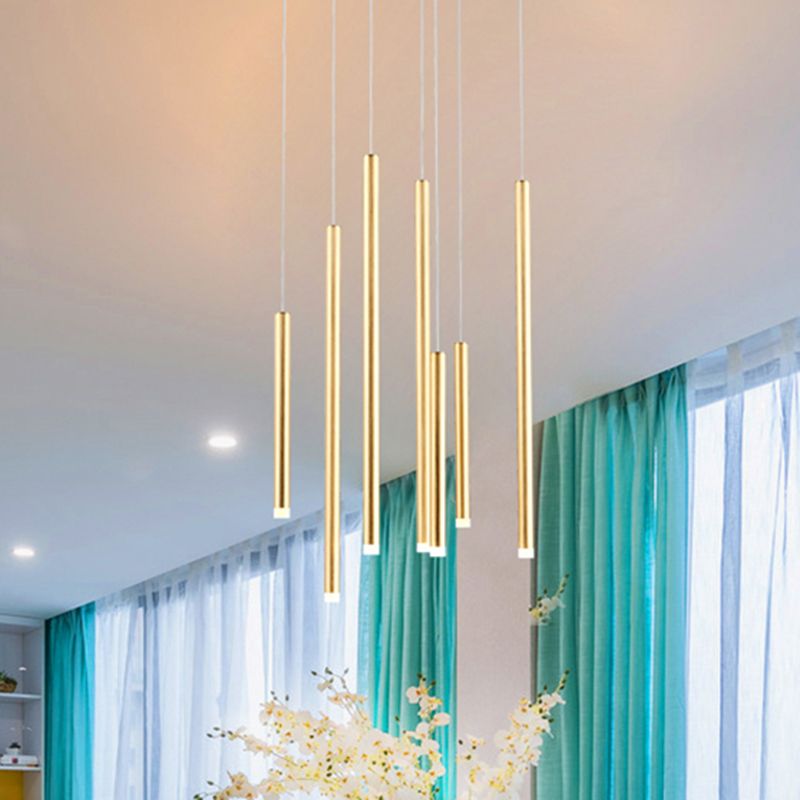 Brown/Gold Slim Pendant Lighting Modern 7 Lights Metal Hanging Light for Dining Room with Adjustable Cord in Warm/White