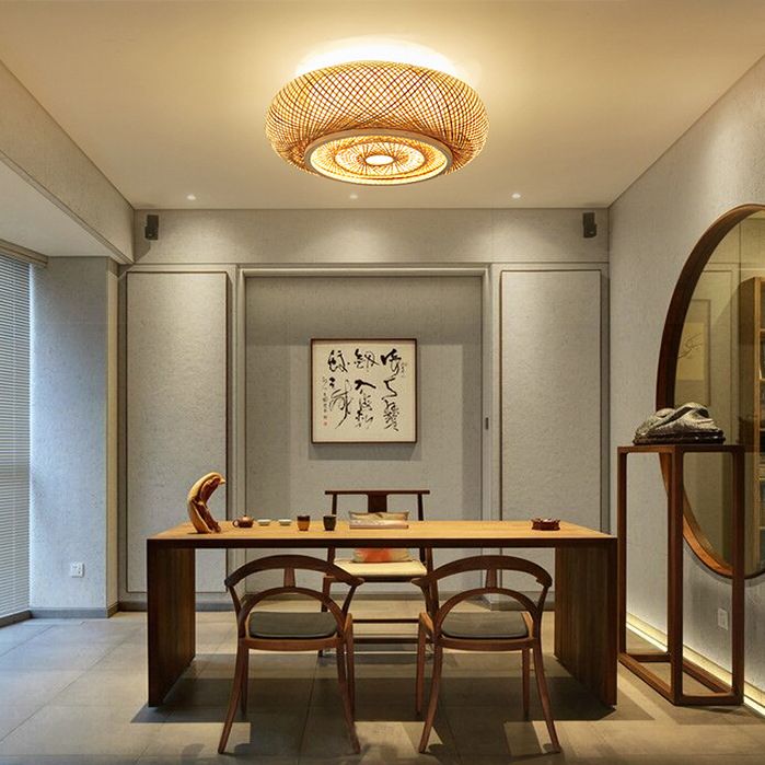 Cross Woven Flush Mount Ceiling Light Contemporary Rattan Ceiling Mount Light Fixture for Bedroom