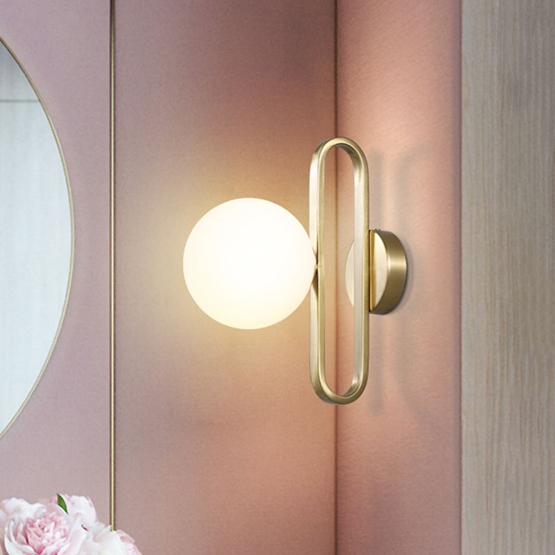 Cream Matte Glass Orb Wall Light Minimalist 1 Bulb Sconce Lighting with Gold Oval Arm