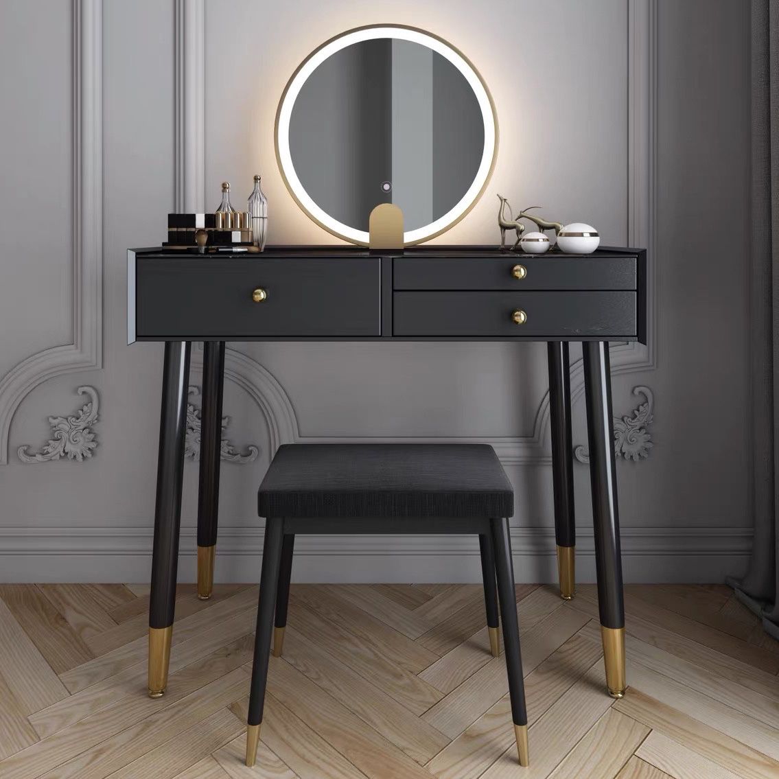 Scandinavian Lighted Mirror Makeup Vanity Desk in Wood Vanity Dressing Table Set