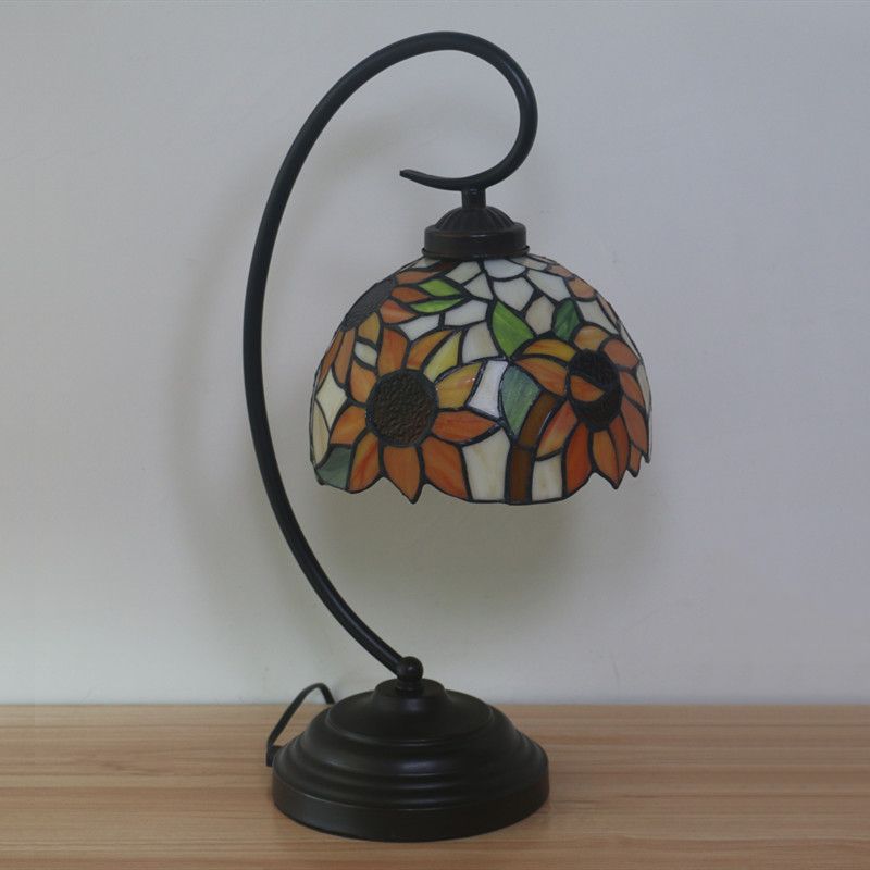 1 Bulb Night Lamp Mediterranean Sunflower Stained Glass Nightstand Light in Dark Coffee with Swirl Arm