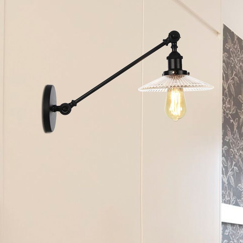 Clear Ribbed Glass Bronze/Brass/Copper Wall Mounted Lamp Saucer 1 Light Vintage Lighting Fixture, 8"/12" L Arm