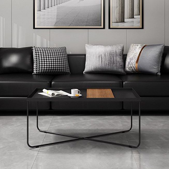 Mid-Century Modern Coffee Table with Iron Tray Top and Iron Cross Base