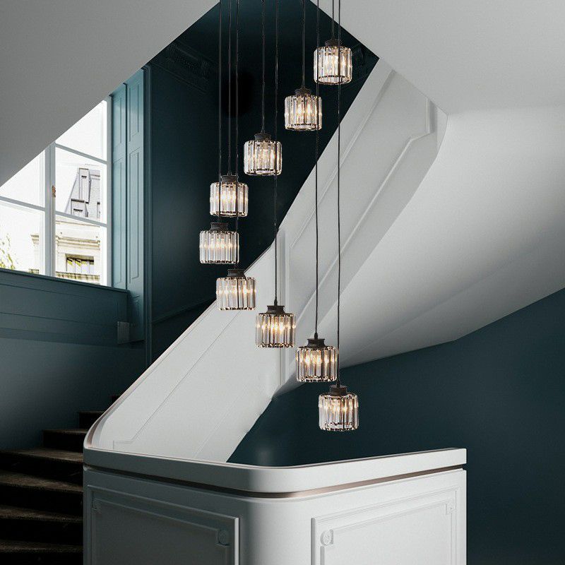 Postmoderne zylindrische Anhängerlampe Prismatische Kristalltreppe Multi -Licht -Kronleuchter