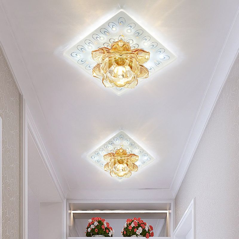 Amber Crystal Lotus Flush Ceiling Light Modern LED Flush Mount Lighting in Warm/White Light with Peacock Pattern