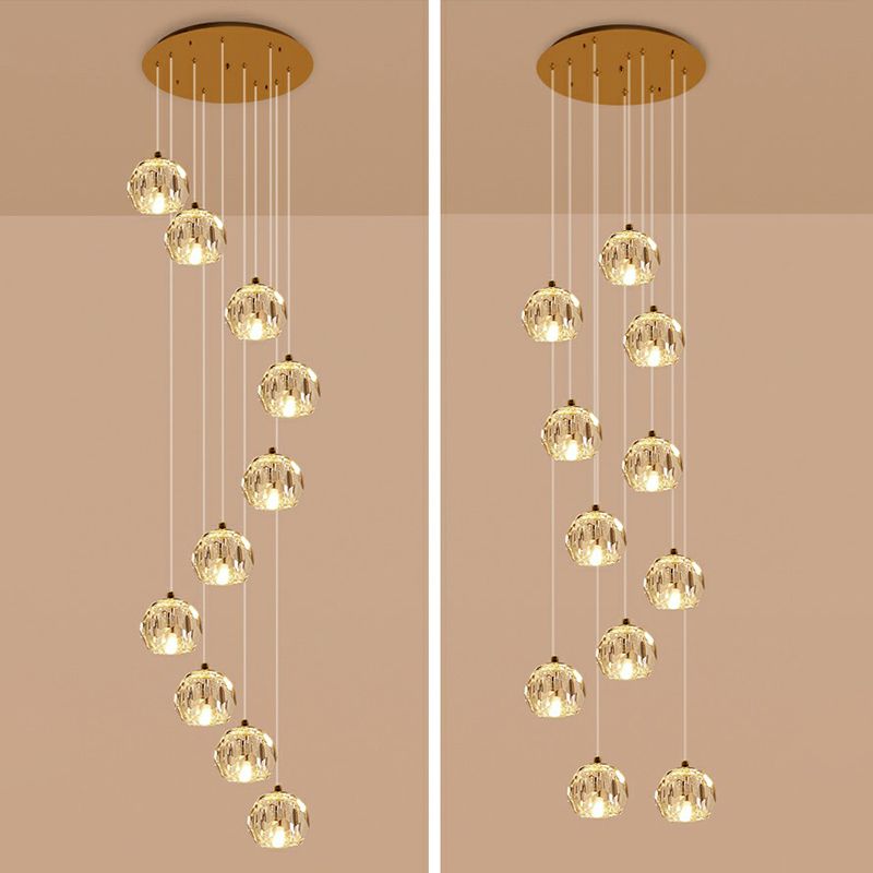 Faceted Cut Crystal Ball Ceiling Lamp Minimalist Golden Cluster Pendant Light for Stairs