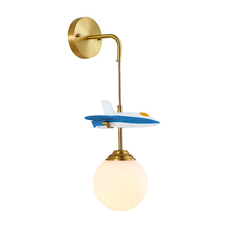 White Glass Globe Wall Lighting Cartoon 1-Light Wall Light Fixture with Plane Decor in Brass