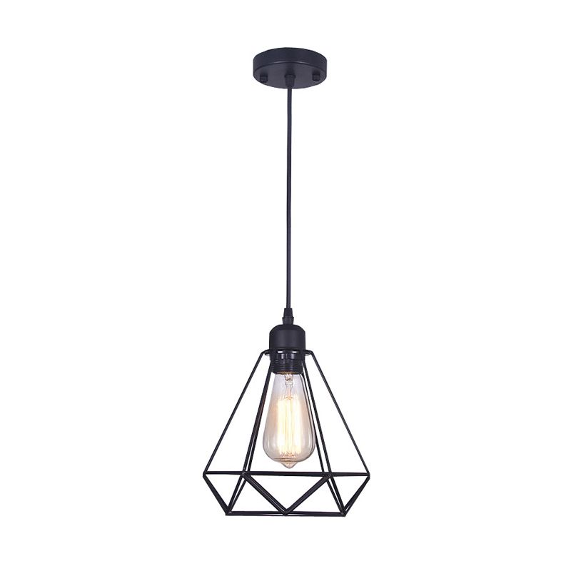 Black Diamond Cage Pendant Lamp Retro Iron 1 Head Bedroom Suspension Light Fixture
