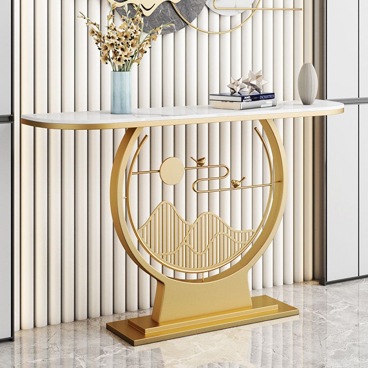 Glam Stone Console Sofa Table Half Moon Iron Accent Table for Hall