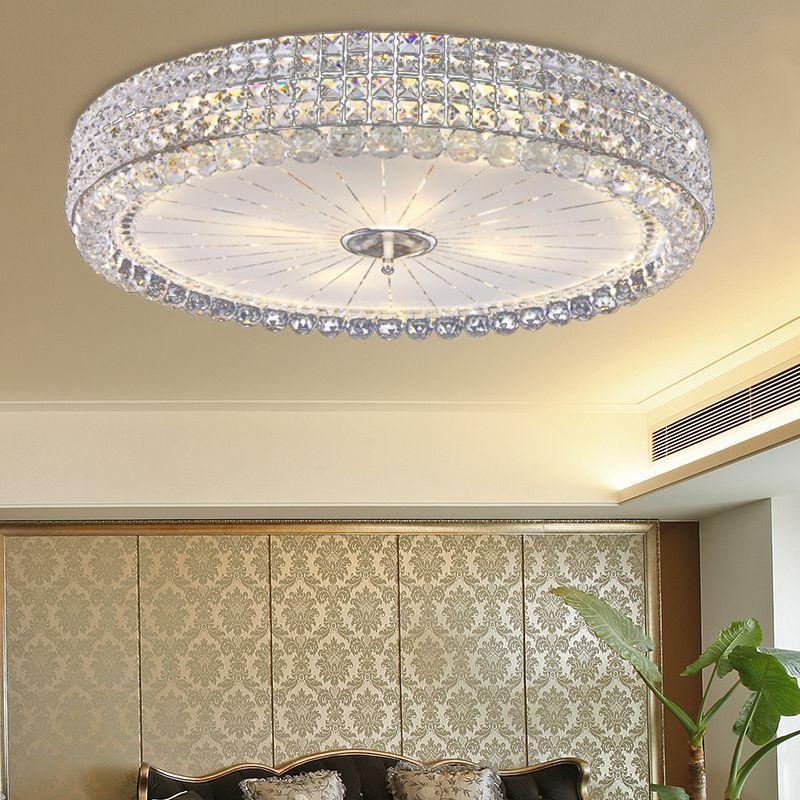 16"/19.5" W Drum Flush Mount Lamp Contemporary Clear Crystal Multi-Head Flush Mount Ceiling Light in Chrome