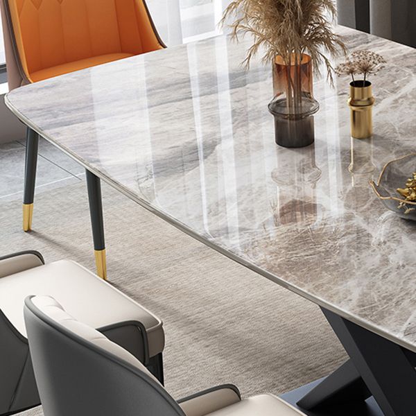 Modern Rectangular Grey Stone Top Dining Table with Black Pedestal Base