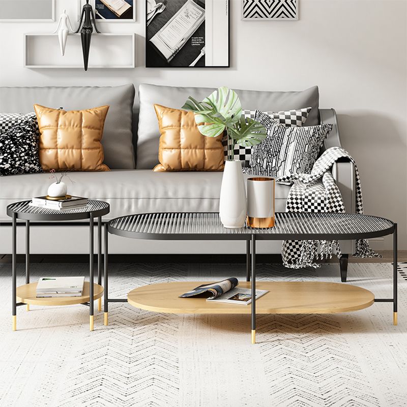 Modern Iron 4 Legs Coffee Table with Shelf Round Cocktail Table in Natural