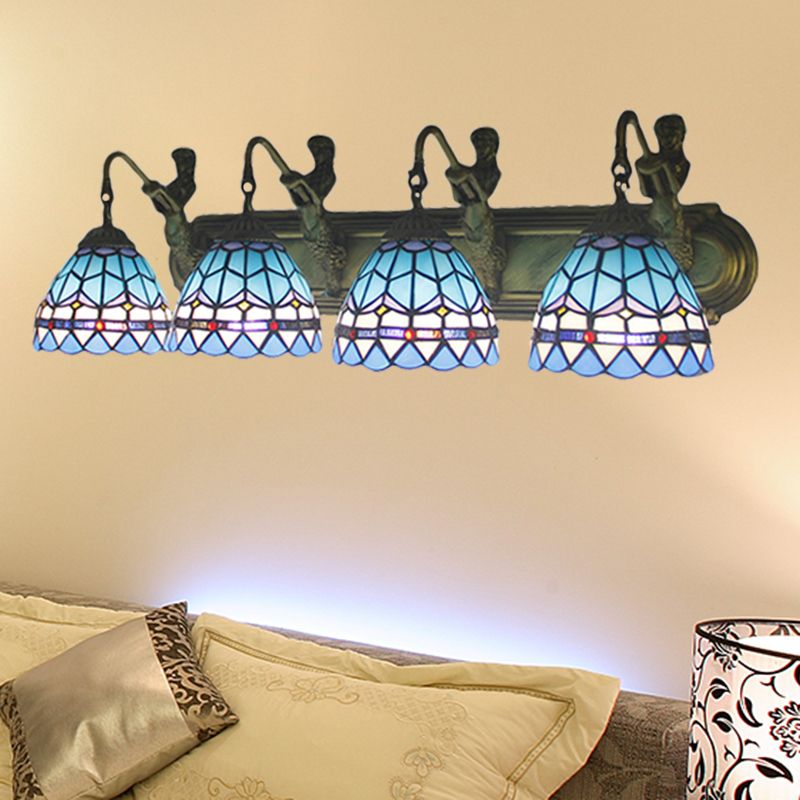 Dome Blue Glass Sconce Light Mediterranean 4 Heads Bronze Wall Mounted Light for Living Room