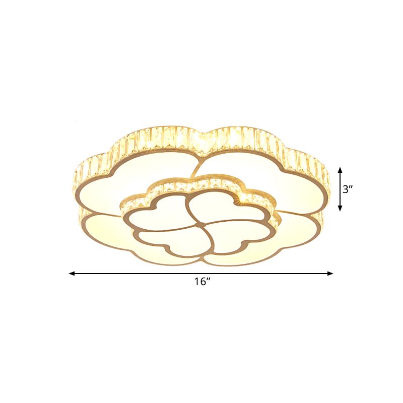 2-Layer Clover Crystal Flush Light Modern Style Bedroom LED Ceiling Lamp in White, 16"/19.5" Wide