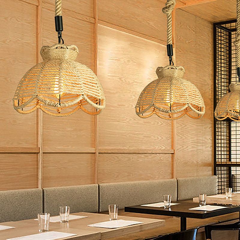 1 testa in giù per il ciondolo di illuminazione rustico ciotola smerlata/capanna a forma di cappola lampada sospensione del soffitto in legno per sala da pranzo