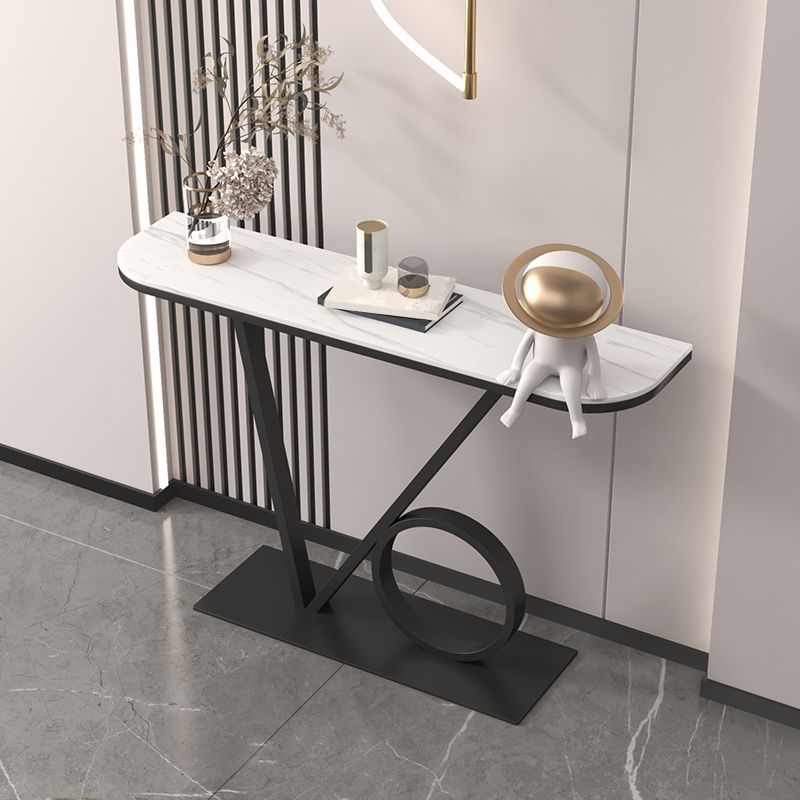 Iron Pedestal Base Accent Table with Half Moon Stone Top for Hall