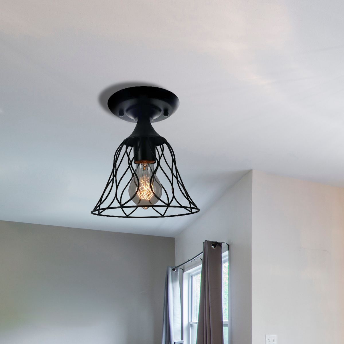 1 Bulb Ceiling Lighting Antique Bell Cage Shade Metallic Semi Flush Pendant Light in Black for Bedroom