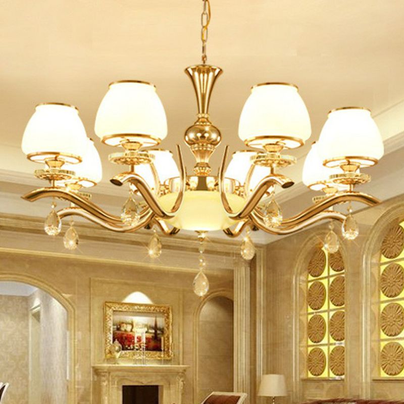 Gold Finish Chandelier Lamp Minimalist Tapered White Glass Hanging Light for Sitting Room