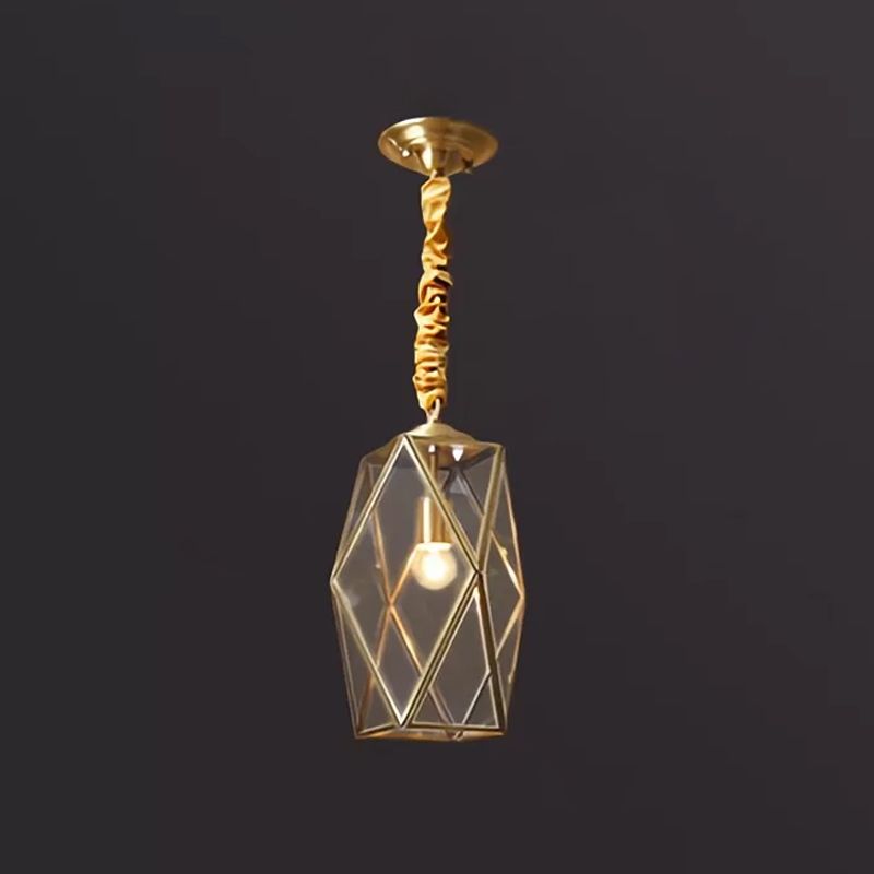 Prismatic/Faceted/Diamond Clear/Frosted Glass Hanging Pendant Vintage 1-Light Bedroom Ceiling Light in Brass