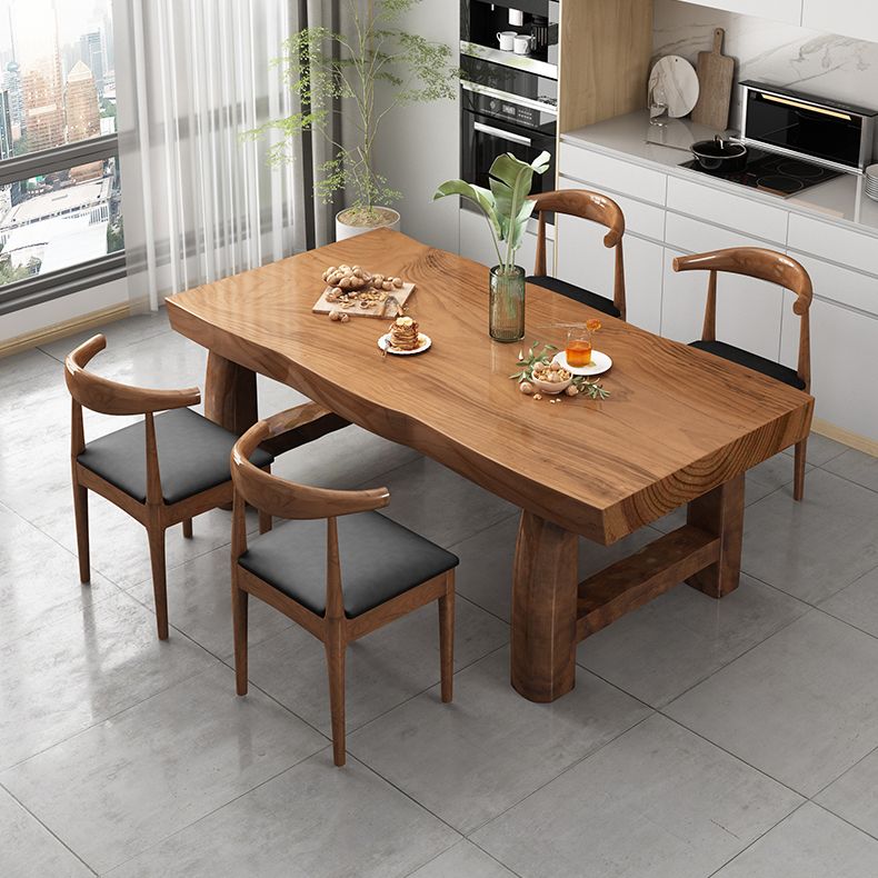 Modern massief houten rechthoek eettafel bruine keuken eettafel met dubbele voetstukbases