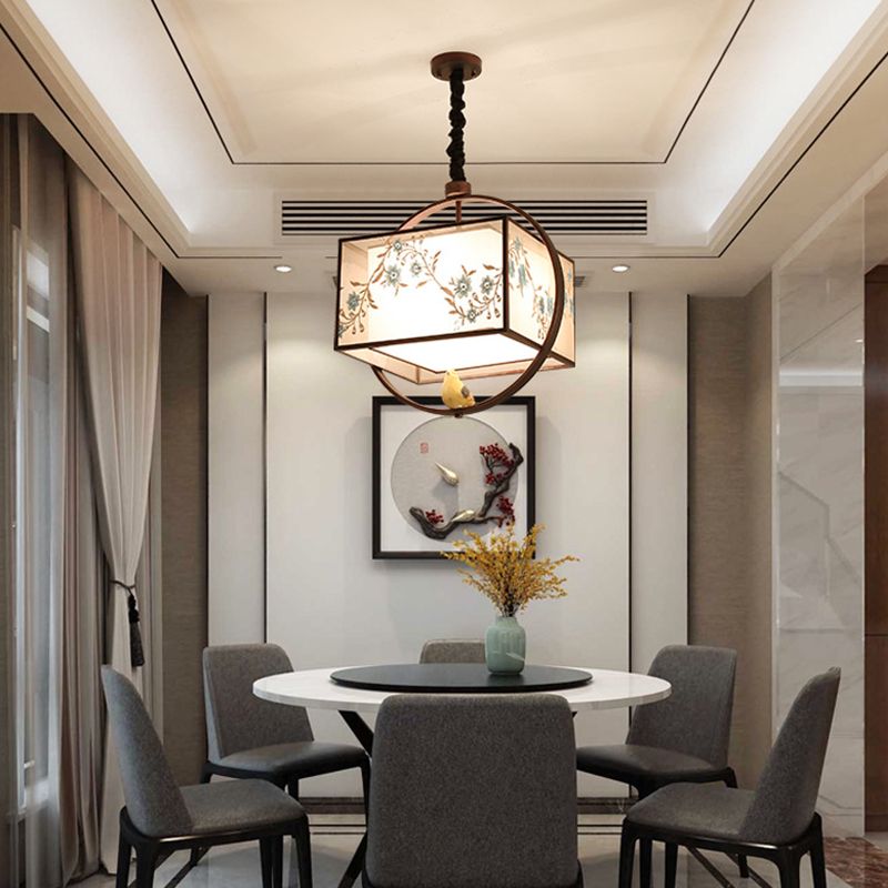 Square Fabric Suspension Pendant Light Chinese Style Black Hanging Ceiling Light