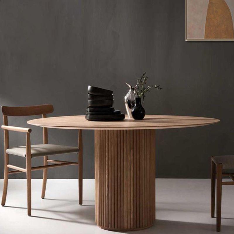 Round Pedestal Modern Dining Table Wood Color Fixed Table with Solid Wood