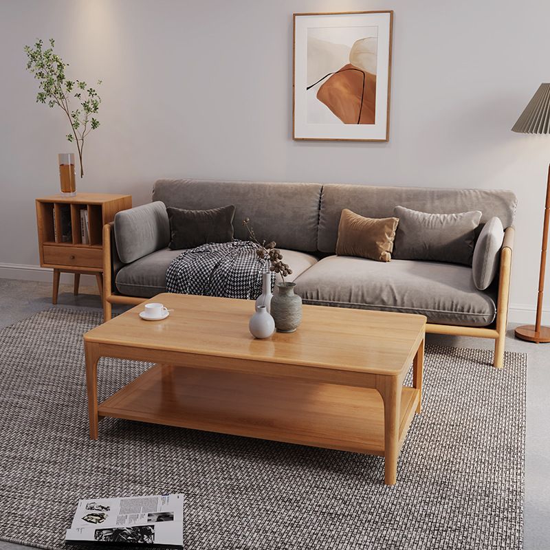 Modern Wooden 4 Legs Coffee Table with Shelf Rectangular Cocktail Table in Oak/Walnut
