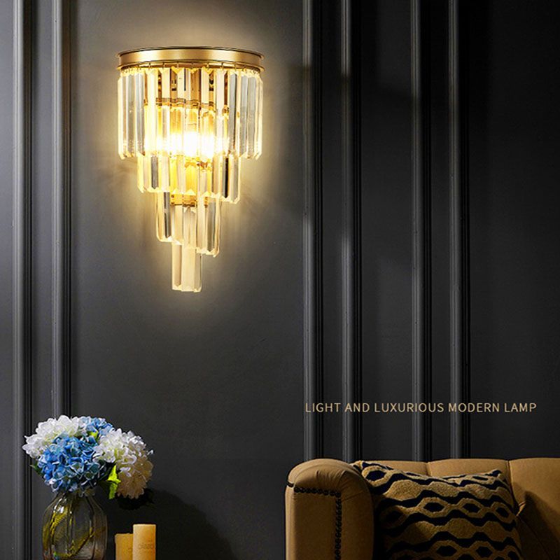 Modern Tiered Sconce Light Fixture Crystal Block 2-Lights Wall Mounted Lights in Gold and Black