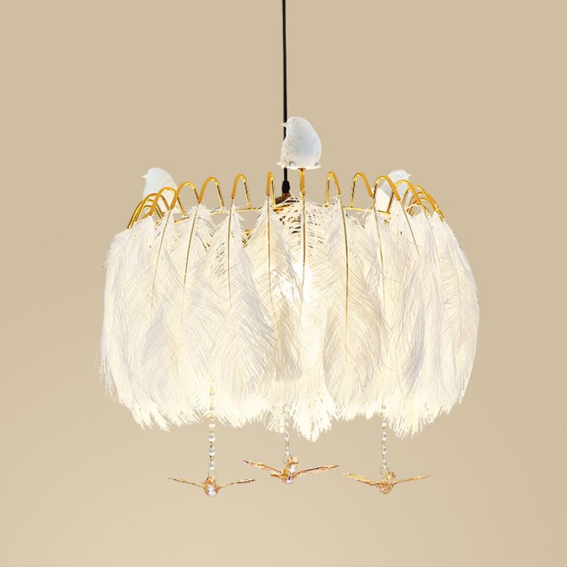 Round Feather Hanging Lamp Postmodern White Chandelier Light Fixture for Living Room