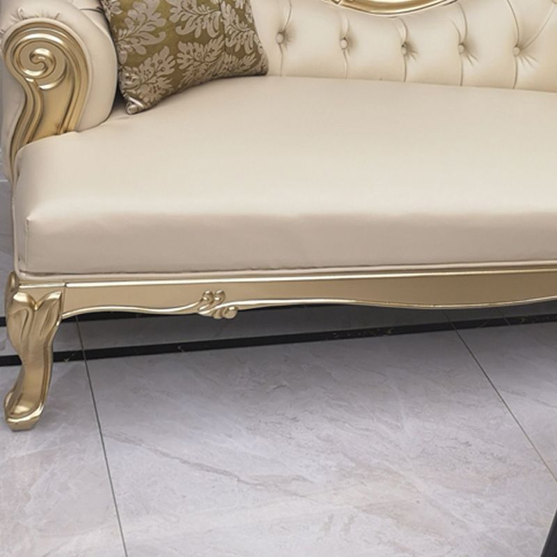 Faux Leather Upholstered Tufted Chaise Lounge Chair in Beige and Gold