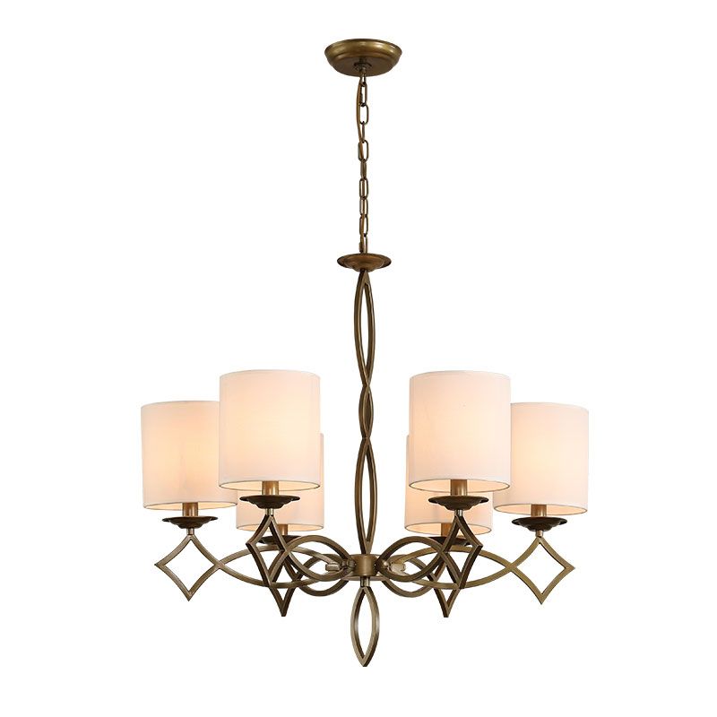 6-Light Chandelier Lamp Rural Style Drum Shade Fabric Pendant Light Fixture in White/Beige/Green with Metal Twisted Arm