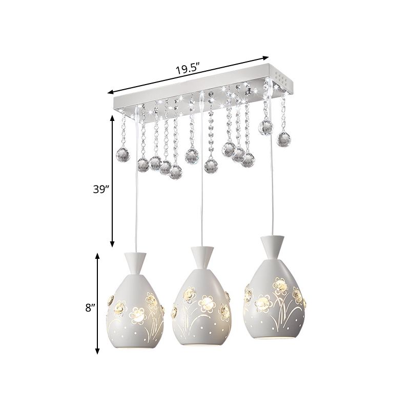 Hollow-Out Floret Iron Multi Light Ceiling Lamp Modern 3-Light White Hanging Pendant with Crystal Droplet