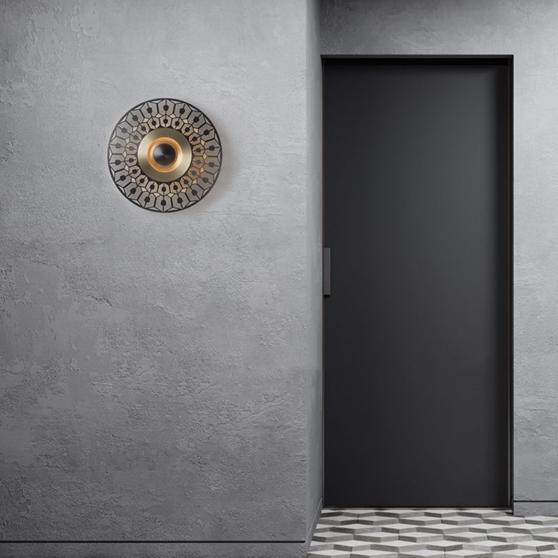 LED Metal Flush Wall Sconce Colonialist Brass Circular Porch Wall Mount Light Fixture