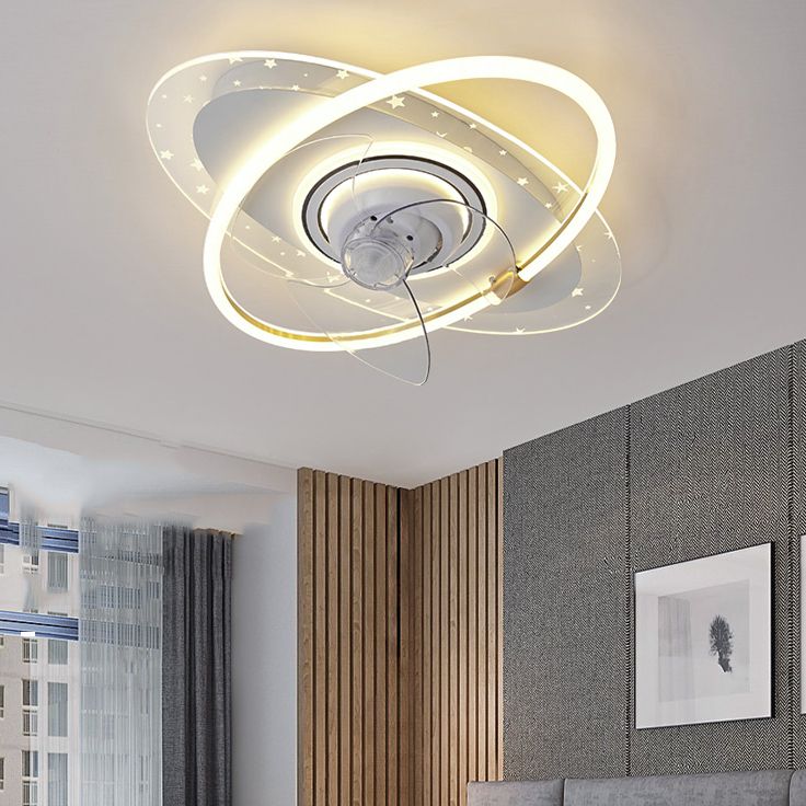 Geometric Shape Metal Ceiling Fans Modern 3-Lights Ceiling Fan Lamp Fixture in White