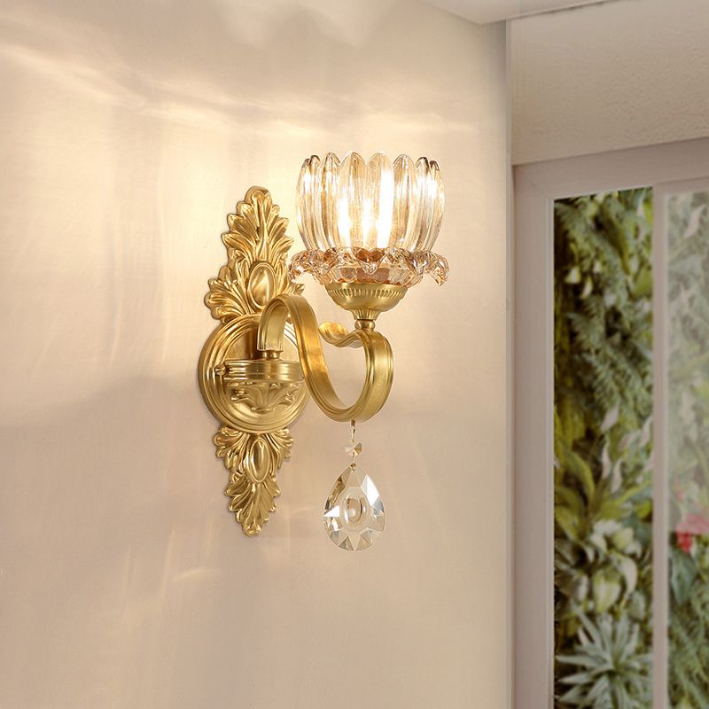Floral Corridor Wall Mount Light Minimalism Handblown Glass Gold Wall Lighting with Hanging Crystal