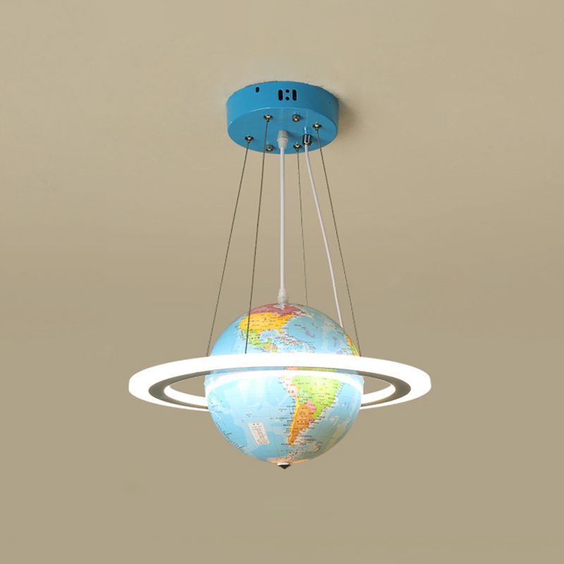 Blue Terrestrial Globe Chandelier Creative LED Acrylic Hanging Pendant with Ring for Nursery