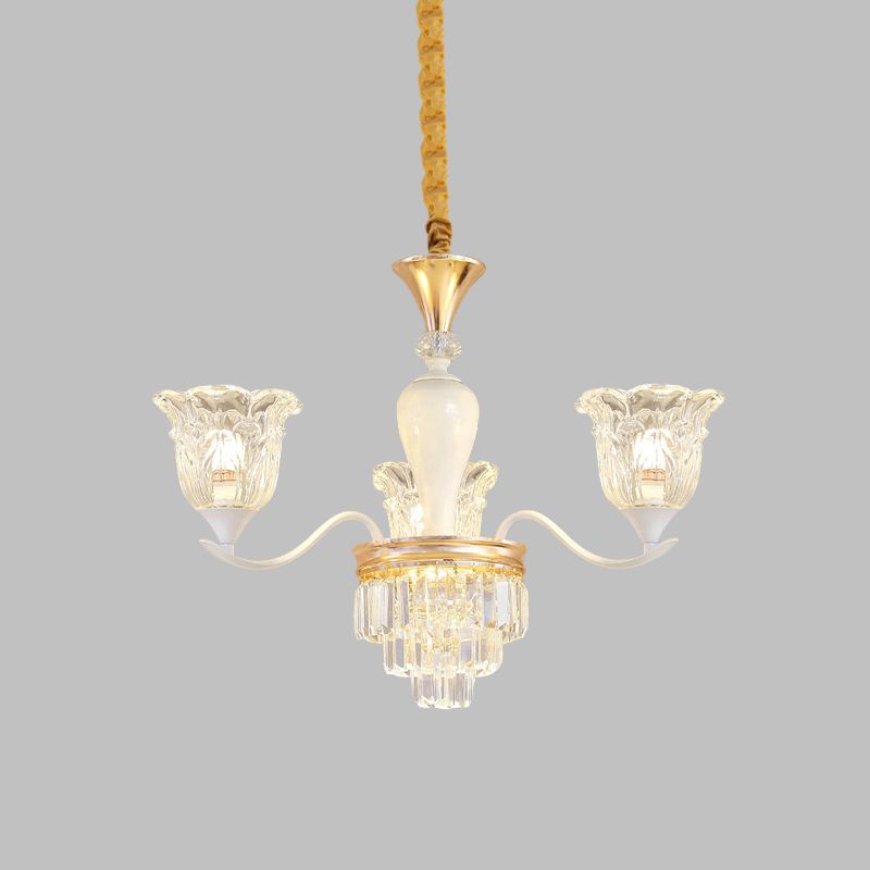 Blossom Bedroom Chandelier Lamp Traditional Clear Crystal Glass 3/6-Head Gold Suspension Pendant