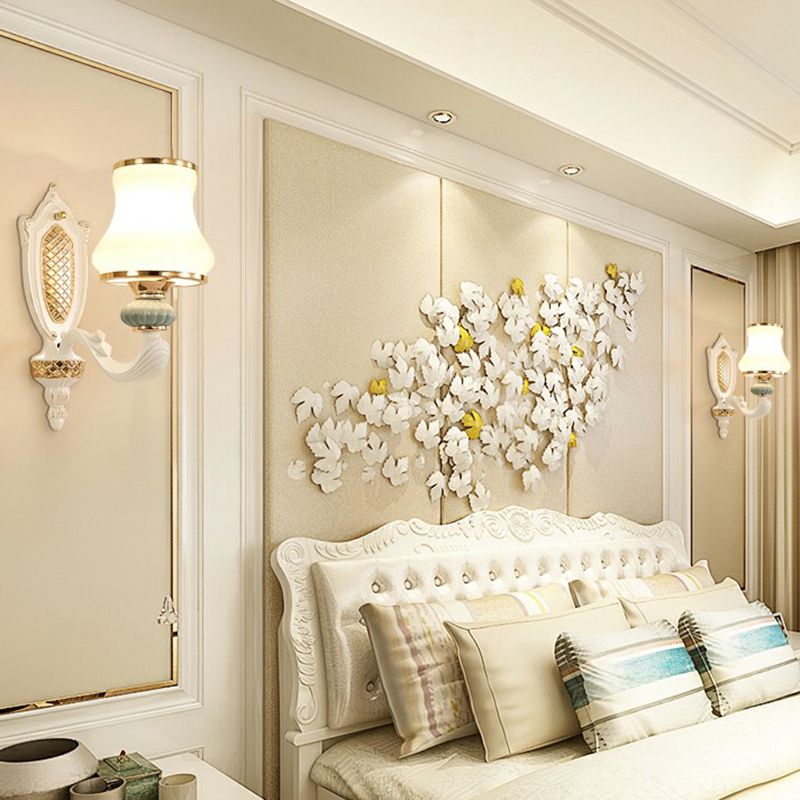 Milky Glass Flared Sconce Light Minimalist Living Room Wall Lamp Fixture in White