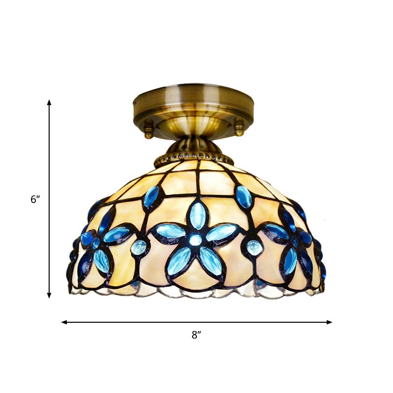 Dôme en laiton près du plafonnier Tiffany 5"/8"/12" de large, éclairage encastré à 1 tête avec bijoux floraux bleus