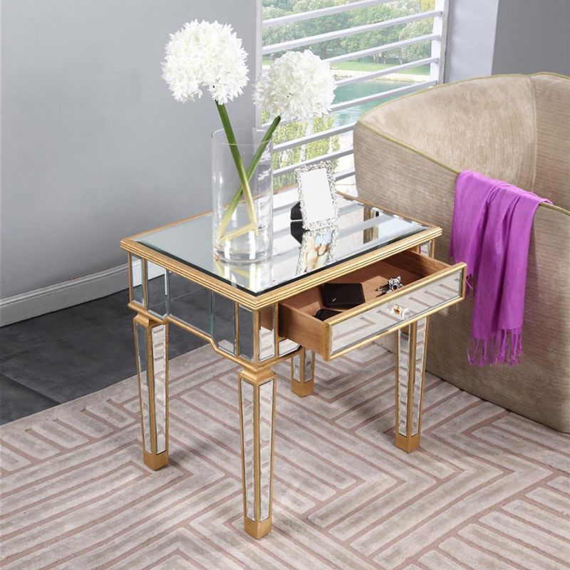 Contemporary Square Glass Top End Table 4 Legs End Table with Drawer