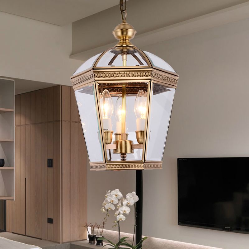Brass Tapered Chandelier Lamp Nordic Clear Glass 3 Bulbs Hanging Ceiling Light for Living Room